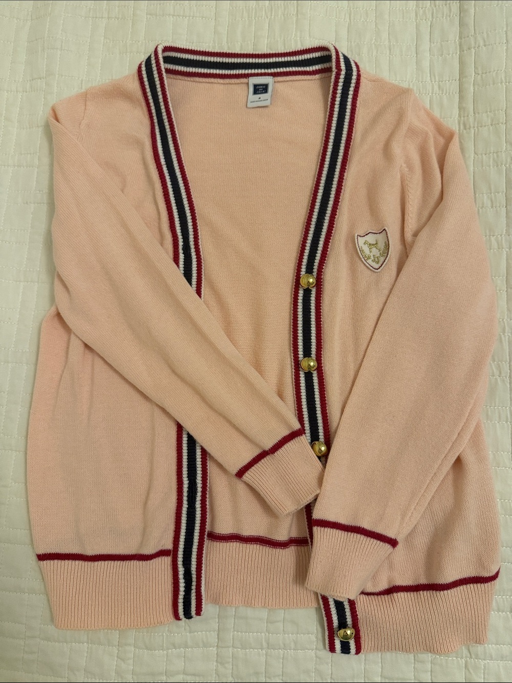 Janie and Jack Peach Cardigan with Red, Navy & White Stripe Trim